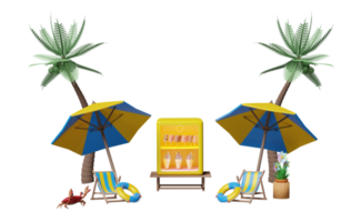 shop store cafe with ice cream showcases or fridge, crab, umbrella, palm tree, lifebuoy, beach chair, umbrella isolated. summer travel concept, 3d illustration or 3d render png
