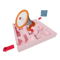 maze with arrow, time clock, orange megaphone or hand speaker isolated. finding solution, business strategy concept, 3d illustration, 3d render