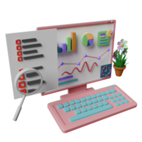 3d bärbar dator dator med diagram Graf, analys företag finansiell data, förstorande glas, Urklipp checklista isolerat. uppkopplad marknadsföring, företag strategi begrepp, 3d framställa illustration png