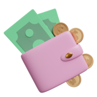 portemonnee met munten, bankbiljet geïsoleerd. besparing geld concept, 3d illustratie of 3d geven png