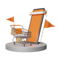 handy, smartphone mit bühnenpodium, suchleiste, vergrößerung, einkaufswagen, flagge, preisschilder isoliert. suchmaschine, online-shopping-konzept, 3d-illustration oder 3d-rendering png