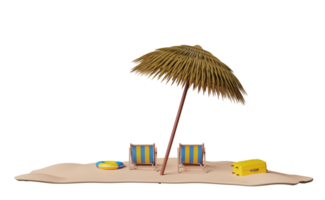 summer travel with yellow suitcase, umbrella, lifebuoy, beach chair, seaside isolated. concept 3d illustration or 3d render png