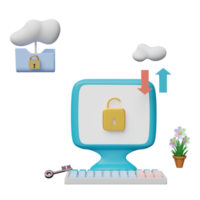 Computermonitor mit Entsperren, Sperren, Cloud-Ordner isoliert. internetsicherheit oder datenschutz oder ransomware-schutzkonzept, 3d-illustration oder 3d-rendering png