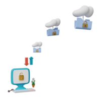 Computermonitor mit Entsperrung, Sperre, Cloud-Ordner isoliert. internetsicherheit oder datenschutz oder ransomware-schutzkonzept, 3d-illustration oder 3d-rendering png