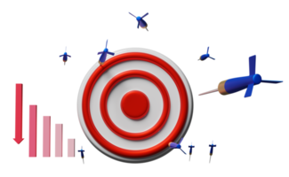 objetivo rojo blanco con dardos o flecha, gráfico de barras aislado. perder el objetivo, el concepto de sobregiro, la ilustración 3d o la representación 3d png