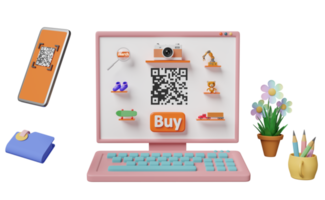 3d computer laptop with mobile phone, smartphone qr code scanning isolated. franchise business or online shopping,cashless payment concept, 3d render illustration png