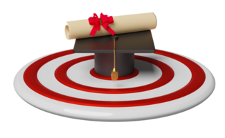 white red target and graduation hat or mortarboard isolated. achieve goals and success concept, 3d illustration or 3d render png