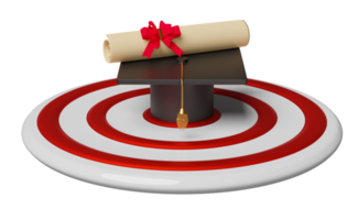 white red target and graduation hat or mortarboard isolated. achieve goals and success concept, 3d illustration or 3d render png