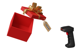 rood Open geschenk doos leeg met streepjescode scanner, prijs tags geïsoleerd. concept 3d illustratie of 3d geven png