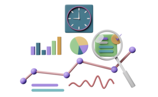 diagramme und grafik mit analysegeschäftsfinanzdaten, online-marketing, scheck, zeitschaltuhr isoliert. geschäftsstrategiekonzept, 3d-illustration oder 3d-rendering png