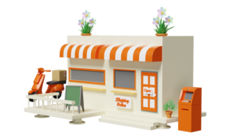 building shop store cafe with store front sign, atm machine, goods box, scooter isolated. startup franchise business, fast package shipping delivery concept, 3d illustration, 3d render png