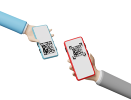 3d hand holding mobile phone, smartphone with qr code scanner isolated. cashless payment, online shopping concept, 3d render illustration png