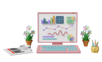 Computadora portátil 3d con gráfico de gráficos, análisis de datos financieros comerciales, lupa, lista de verificación del portapapeles aislada. marketing en línea, concepto de estrategia empresarial, ilustración 3d png