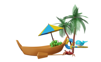 Voyage d'été 3d avec bateau, chaise de plage, parapluie, palmier, noix de coco, baleine, planche de surf, crabe, bouée de sauvetage, aviron isolé. concept de vente d'été shopping, illustration de rendu 3d png