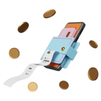 portefeuille et téléphone portable orange, smartphone avec pièces de monnaie, carte de crédit, facture, reçu papier, paiement de facture électronique isolé. concept d'économie d'argent, illustration 3d, rendu 3d png