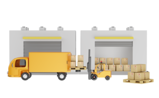 gebouw magazijn met heftruck voor importeren exporteren, goederen karton doos, pallet, vrachtauto geïsoleerd. logistiek onderhoud concept, 3d illustratie of 3d geven png