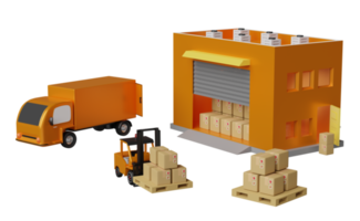 building warehouse with forklift for import export, goods cardboard box, pallet, truck isolated. logistic service concep, 3d illustration or 3d render png