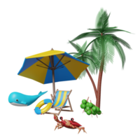 voyage d'été avec chaise de plage, parapluie, palmier, noix de coco, baleine, crabe, bouée de sauvetage isolée. concept de vente d'été commercial, illustration 3d, rendu 3d png