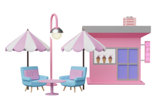 Café de magasin 3d avec vitrines de crème glacée ou réfrigérateur, table basse, parapluie, chaise de canapé isolée. illustration de rendu 3d png