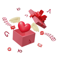 pink open gift box with red heart and wings isolated. christmas and new year day, health love or world heart day, valentine's day concept, minimal abstract, 3d illustration or 3d render png