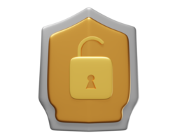 shield with golden unlock isolated. Internet security or privacy protection or ransomware protect concept, 3d illustration or 3d render png