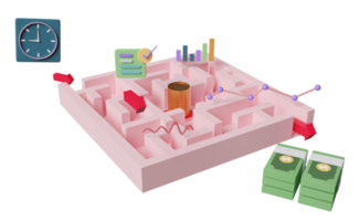 labirinto con grafici, grafico, mercato analisi attività commerciale finanziario dati, tempo orologio, banconote, moneta, freccia isolato. scoperta soluzione, attività commerciale strategia concetto, 3d illustrazione, 3d rendere png