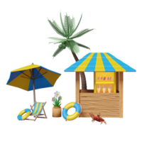 shop store cafe with ice cream showcases or fridge, umbrella, palm tree, lifebuoy, beach chair, umbrella, crab isolated. summer travel concept, 3d illustration or 3d render png