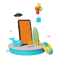 bühnenpodium mit handy, smartphone, regenschirm, ballon, wal, einkaufspapiertüten, rettungsring, surfbrett isoliert. online-shopping-sommerverkaufskonzept, 3d-illustration, 3d-rendering png