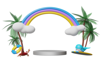 stage podium empty with palm tree, lifebuoy, whale, surfboard, crab, rainbow, cloud isolated. online shopping summer sale concept, 3d illustration, 3d render png