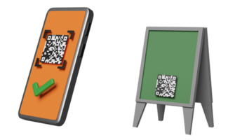 téléphone portable orange ou smartphone avec code-barres, lecture de code qr, coche, panneau de devanture de magasin isolé. concept d'achat en ligne, illustration 3d, rendu 3d png