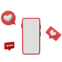 mobile Telefono, smartphone con piace rosso cuore icone, sociale media, piace notifiche isolato. Salute amore, mondo cuore giorno, San Valentino giorno concetto, 3d illustrazione, 3d rendere png