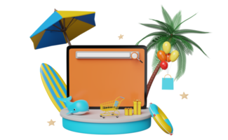 3d podium with mobile phone, smartphone, umbrella, balloon, palm, shopping bags, lifebuoy, whale isolated. web search engine, online shopping summer sale concept, 3d render illustration png