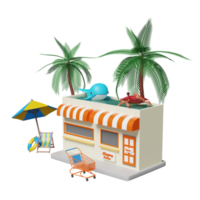 building shop store front with beach chair, umbrella, lifebuoy, palm, cart, whale, crab, pool isolated. online shopping summer sale concept, 3d illustration or 3d render png