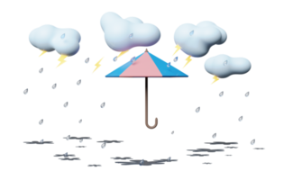 paraguas con nube, gota de agua de lluvia, trueno aislado. concepto de protección y seguridad, ilustración 3d o presentación 3d png