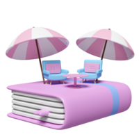 3d book with coffee table, sofa chair, umbrella isolated. summer vacation concept, 3d render illustration png