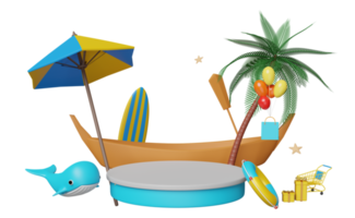 Podio de escenario 3d con bote, paraguas, globo, palma, bolsas de compras, aro salvavidas, ballena, carro, tabla de surf aislada. motor de búsqueda web, concepto de venta de verano de compras en línea, ilustración de presentación 3d png