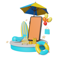 Podium der 3d-bühne mit handy, smartphone, regenschirm, ballon, wal, einkaufspapiertüten, rettungsring, surfbrett isoliert. online-shopping-sommerverkaufskonzept, 3d-renderillustration png