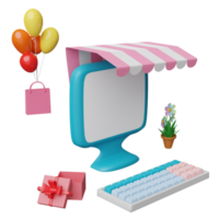 monitor de computadora con escaparate, bolsas de papel, globos, caja de regalo aislada. concepto de compras en línea, ilustración 3d o presentación 3d png