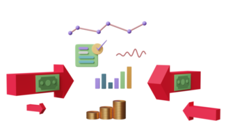 diagram och Graf med analys företag finansiell data, uppkopplad marknadsföring, kolla upp, pil, sedlar, mynt isolerat. företag strategi begrepp, 3d illustration eller 3d framställa png