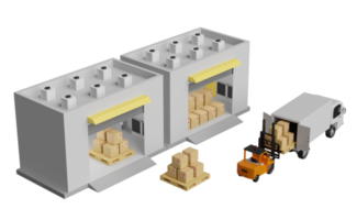 byggnad lager med gaffeltruck för importera exportera, varor kartong låda, lastpall, lastbil isolerat. logistisk service begrepp, 3d illustration eller 3d framställa png