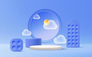 Abstract 3d light blue and white round corner pedestal podium with cloud sky and geometric backdrop vector