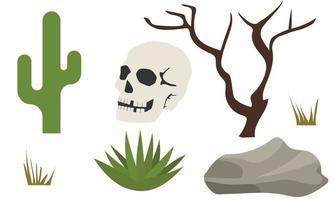 Set of elements about desert and dead. Skull of human, cactus, old tree, stone, Aloe vera. Vector illustration.