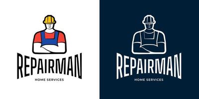 Repairman home service logo set. Handyman male logotype. Building repair business brand identity symbol. Construction and maintenance industry badge design. Mechanic workshop man insignia. Vector eps