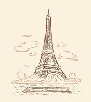 dibujo de la torre eiffel en paris. terraplén del sena y tranvía fluvial. ilustración de línea vectorial vector