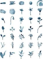 Set of watercolor floral elements isolated on white background. Loose watercolor technique. vector