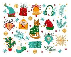 feliz navidad y feliz año nuevo conjunto de iconos vectoriales. símbolos de vacaciones de invierno: regalos, campana, árbol, carta a santa claus, zorro lindo, copo de nieve, sombreros de ayudantes de elfos. clipart plano de dibujos animados para impresiones, tarjetas vector