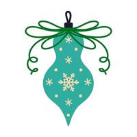 Christmas tree toy vector icon. Bright glass icicle with a snowflake, a bow, a clip for hanging. Festive bauble isolated on white. Simple cartoon illustration. Flat clipart for cards, posters, web