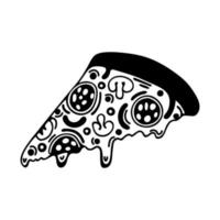 rebanada de icono de vector de pizza. garabato simple dibujado a mano aislado en blanco. trozo triangular de horneado con pepperoni, champiñones, aceitunas, queso. boceto de comida rápida italiana. clipart de dibujos animados para menús, tarjetas