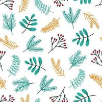 Branches of Christmas plants seamless vector pattern. Twigs of coniferous trees - pine, fir, spruce. Rosehip with berries, mistletoe with leaves. Holiday herbs. Flat background for cards, fabrics, web