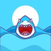 lindo adorable tiburón marino de dibujos animados con ilustración de boca abierta para mascota de icono de etiqueta y logotipo vector